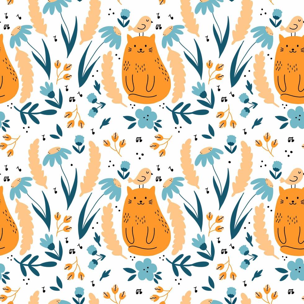 Seamless floral pattern. Cute cat with bird on his head. Spring garden. Background for sewing clothes and printing on fabric. Summer wrapping paper. vector