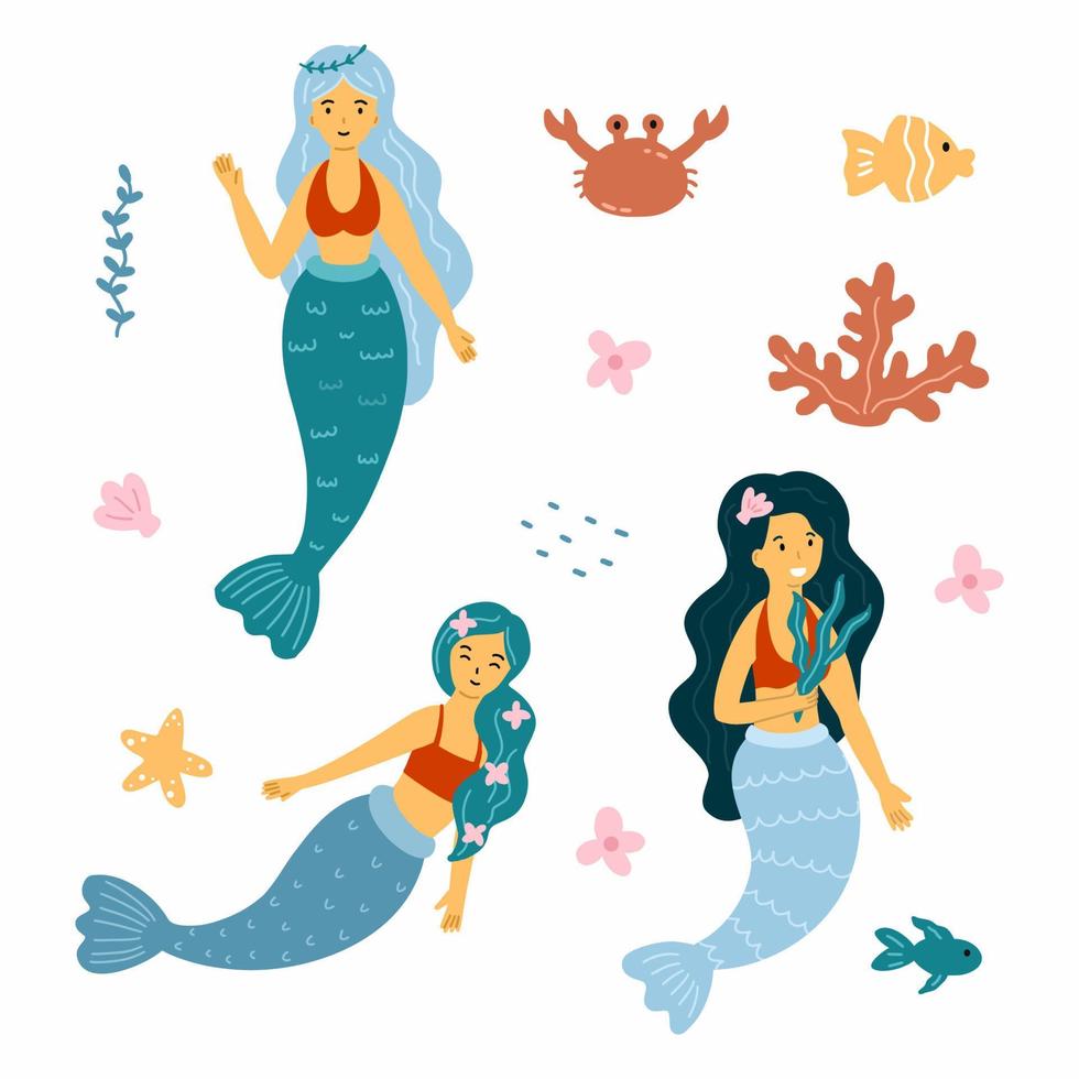 Set with cute mermaid and sea creatures. Vector illustration of doodles. Design baby postcard.