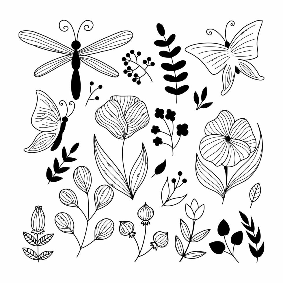 Set  hand drawn floral elements. Butterfly and dragonfly in doodle style. Collection of botanical icons. Vector illustration. Postcard design.