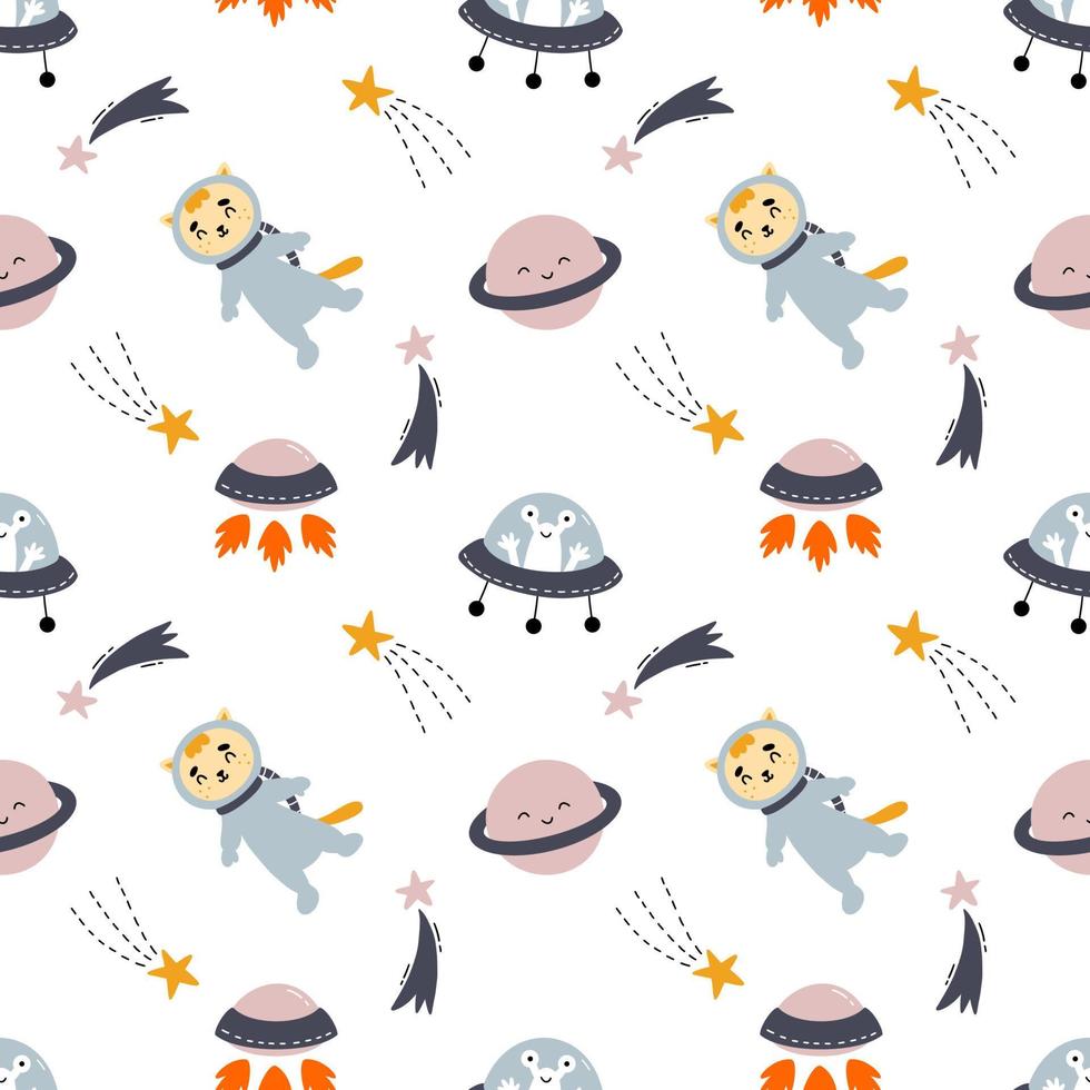 Seamless children pattern with space rocket and planets. Cute cat in space suit. Printing on fabric and wrapping paper. Background for baby textiles. vector