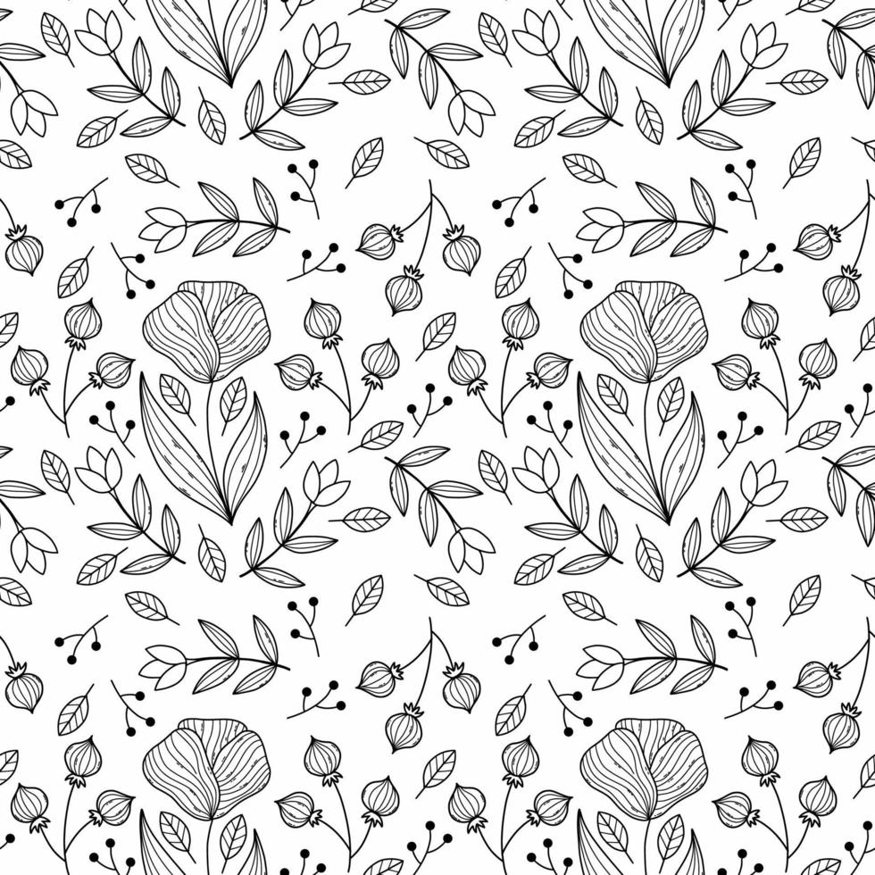 Seamless pattern with floral ornament. Flowers and twigs on white background. Wallpaper for sewing clothes and printing on fabric. vector