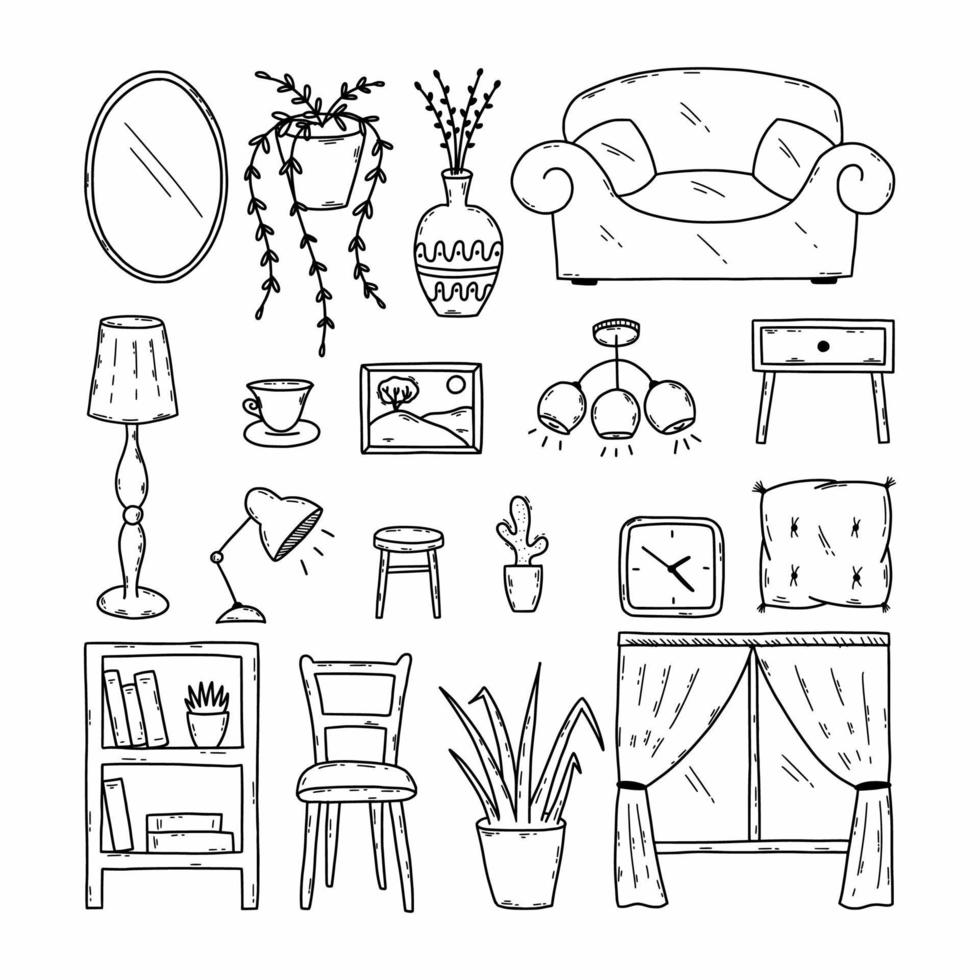 establecer la ilustración del garabato. muebles y artículos de interior para el hogar. colección dibujada a mano. vector