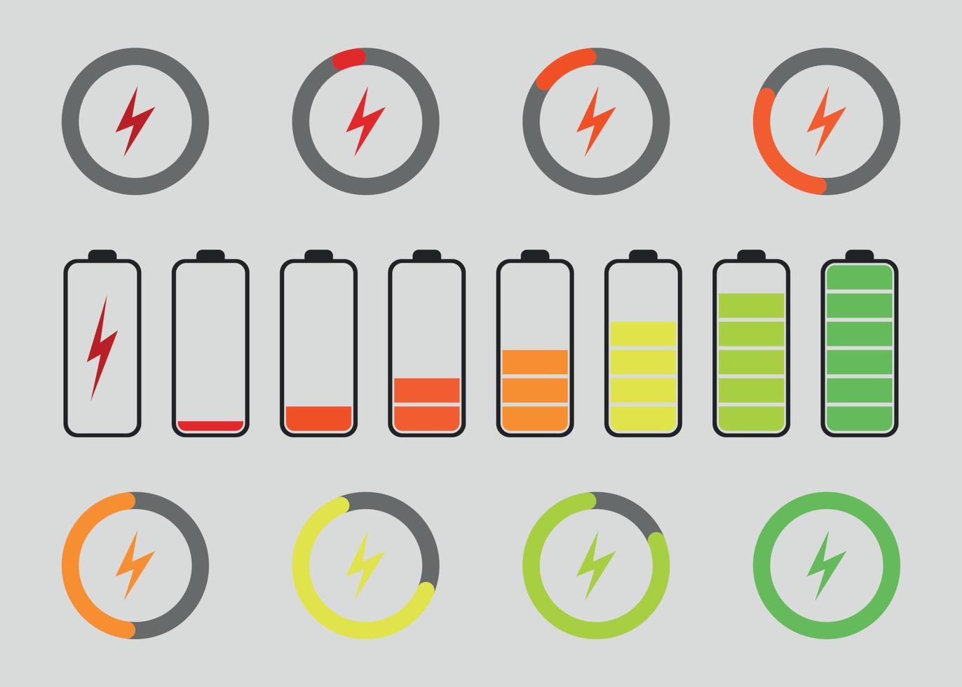 los iconos de los niveles de carga de la batería establecen la ilustración del indicador de batería del teléfono inteligente. vector