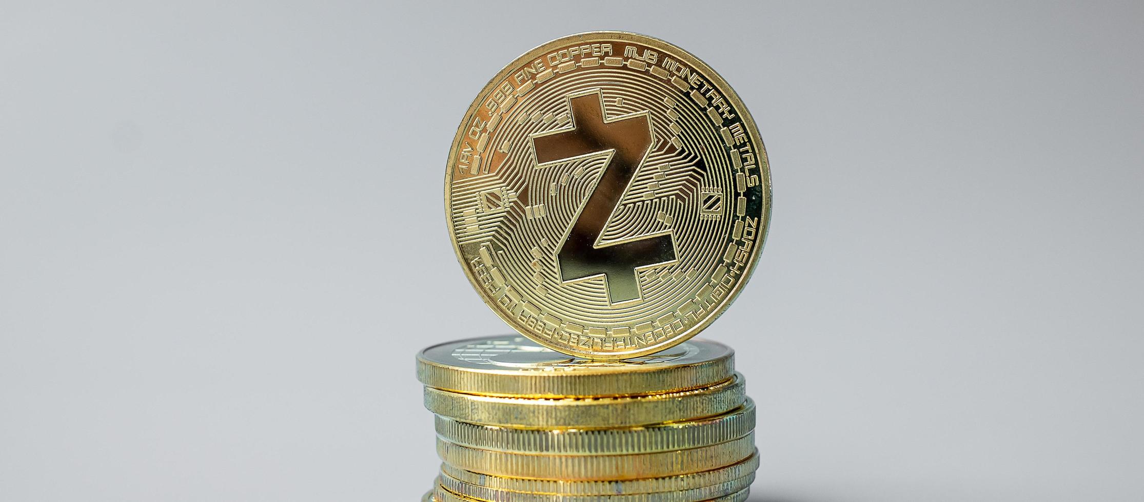 golden ZCASH cryptocurrency coin stack, Crypto is Digital Money within the blockchain network, is exchanged using technology and online internet exchange. Financial concept photo