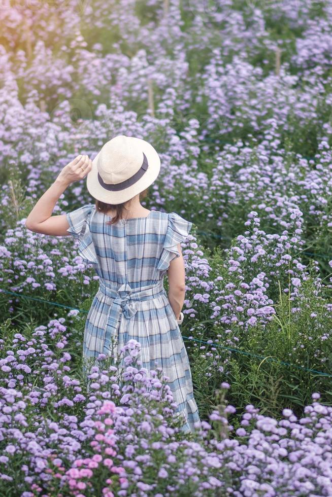 mujer feliz turista con vestido azul disfruta en el jardín de flores de margaret púrpura. viajes, naturaleza, vacaciones y concepto de vacaciones foto