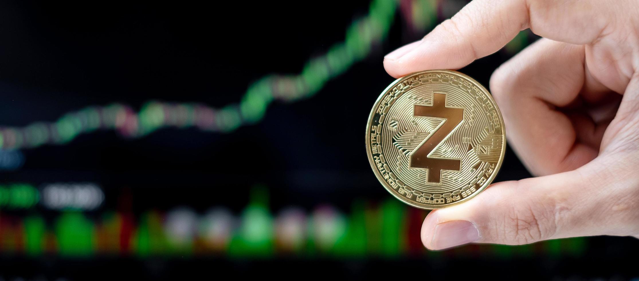 Golden Zcash cryptocurrency coin with candle graph background, Crypto is Digital Money within the blockchain network, is using technology and online internet exchange. photo