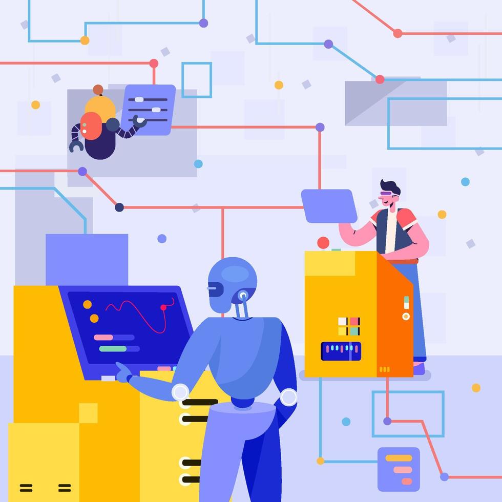 Robot And Human Work Together Concept vector