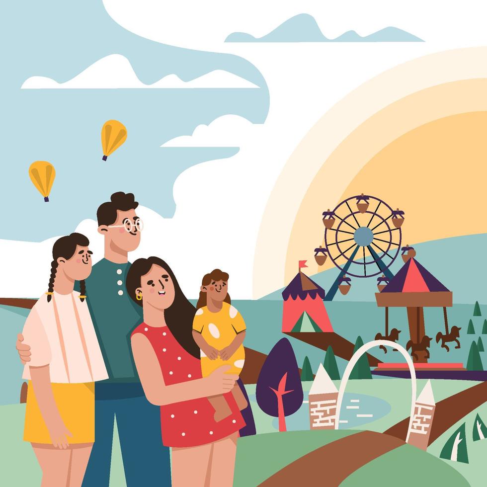 vacaciones familiares al concepto de parque de diversiones vector