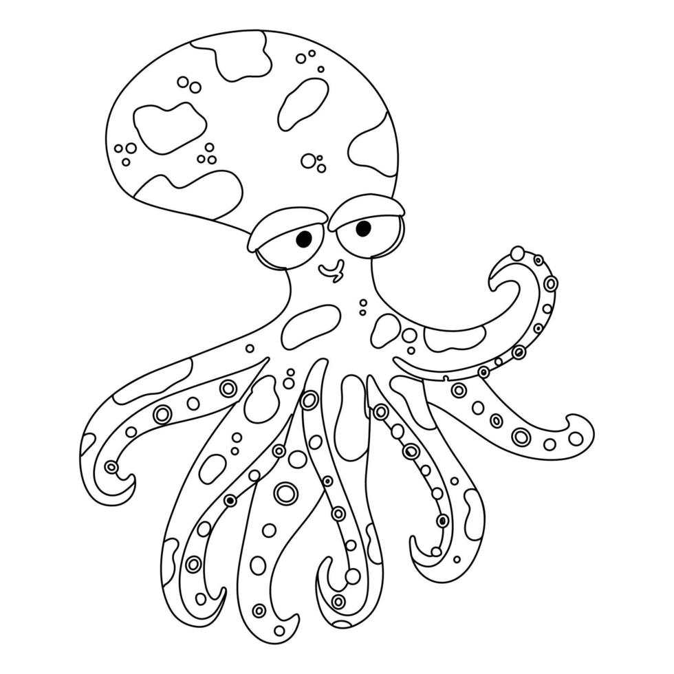 Cute cartoon octopus. Coloring pages for kids. Vector outline on white background.