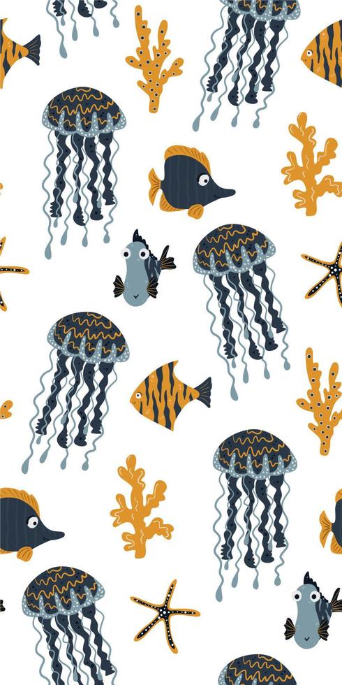 Seamless children's pattern with funny fish and sea animals. Children's texture for fabric, packaging, textiles, wallpaper, clothing. Vector background.