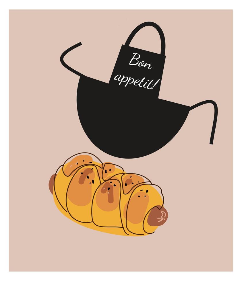 Appetizing hot dog bun. Lunchtime snack.Street food. Fast food. Cartoon vector illustration isolated on white background