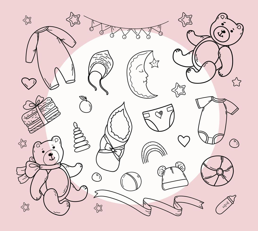 Set of hand drawn baby and newborn doodle for icon, banner. vector