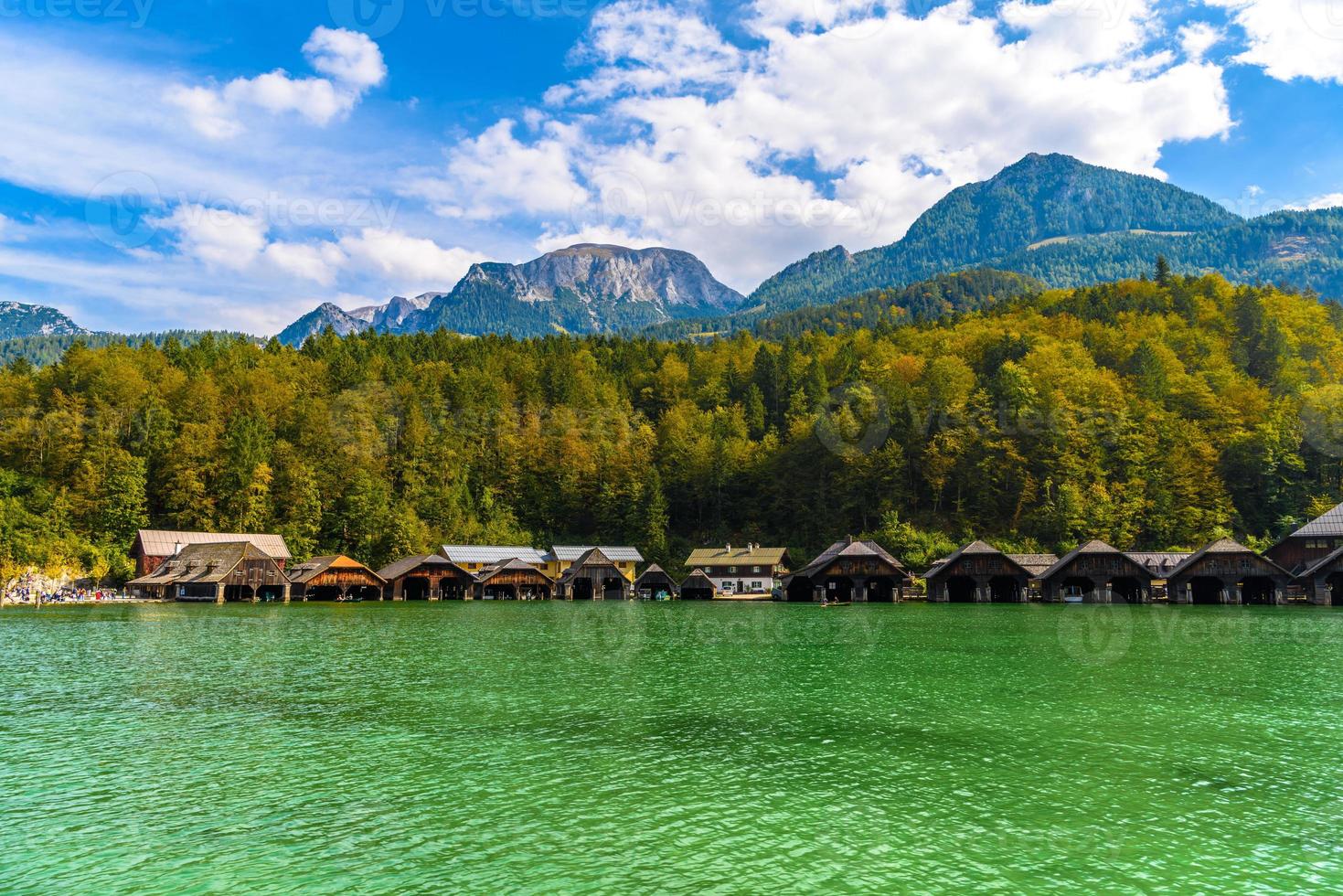 Wooden old houses on the lake, Schoenau am Koenigssee, Konigsee, Berchtesgaden National Park, Bavaria, Germany photo