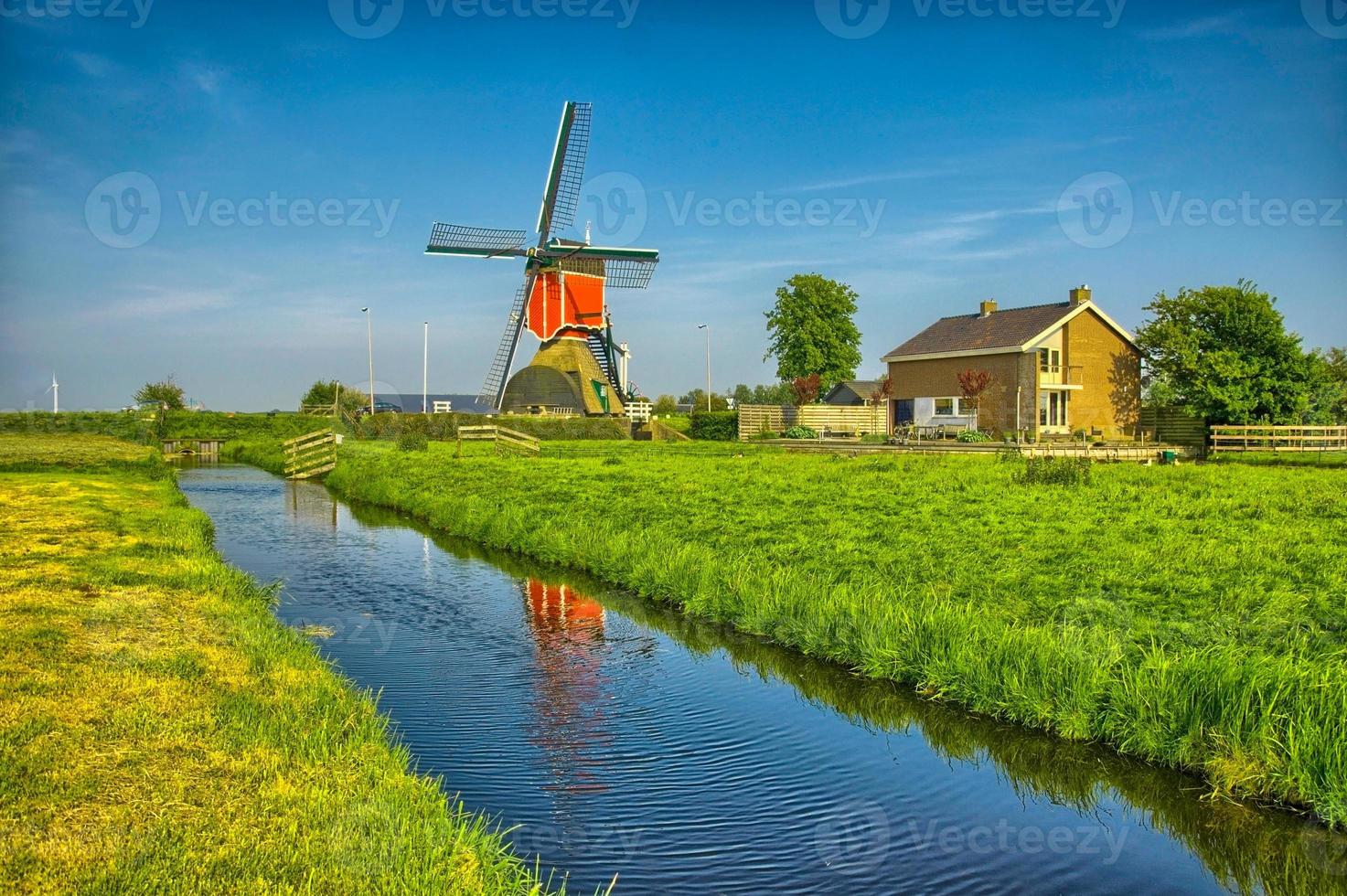 Windmills and water canal in Kinderdijk, Holland or Netherlands. photo