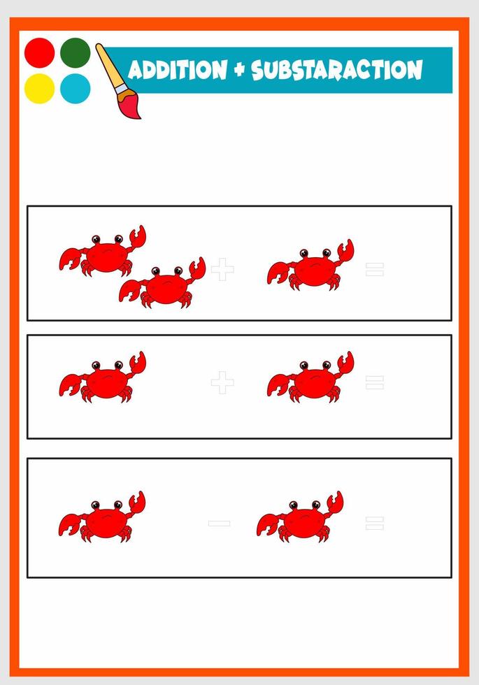 learning addition and subs traction for kids cute crab vector