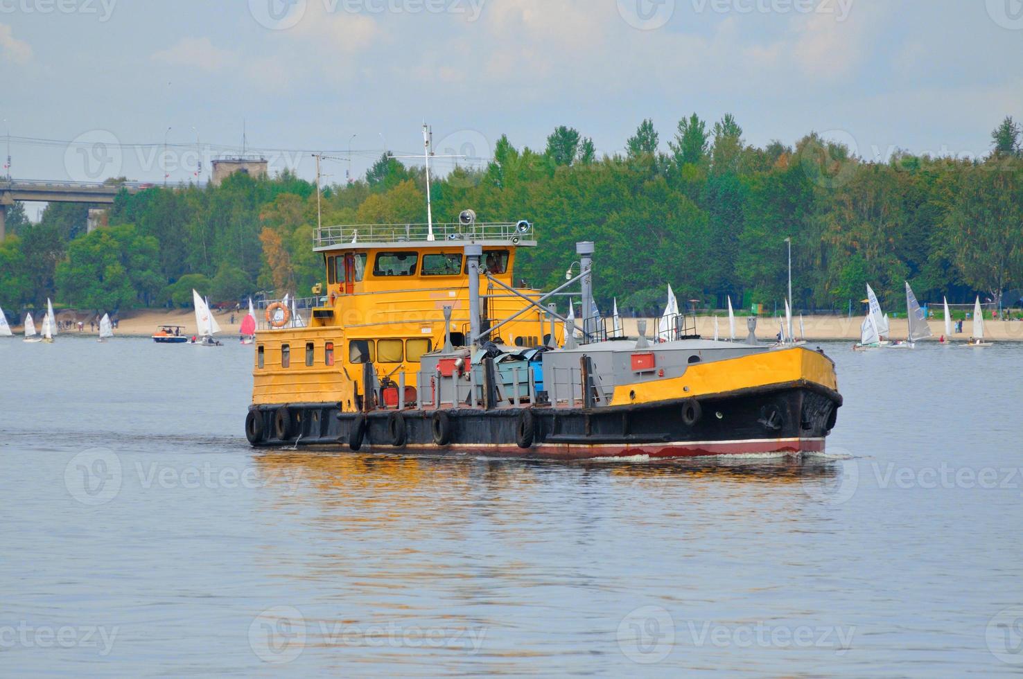 Orange ship in Volga river, Yaroslavl, Russia photo