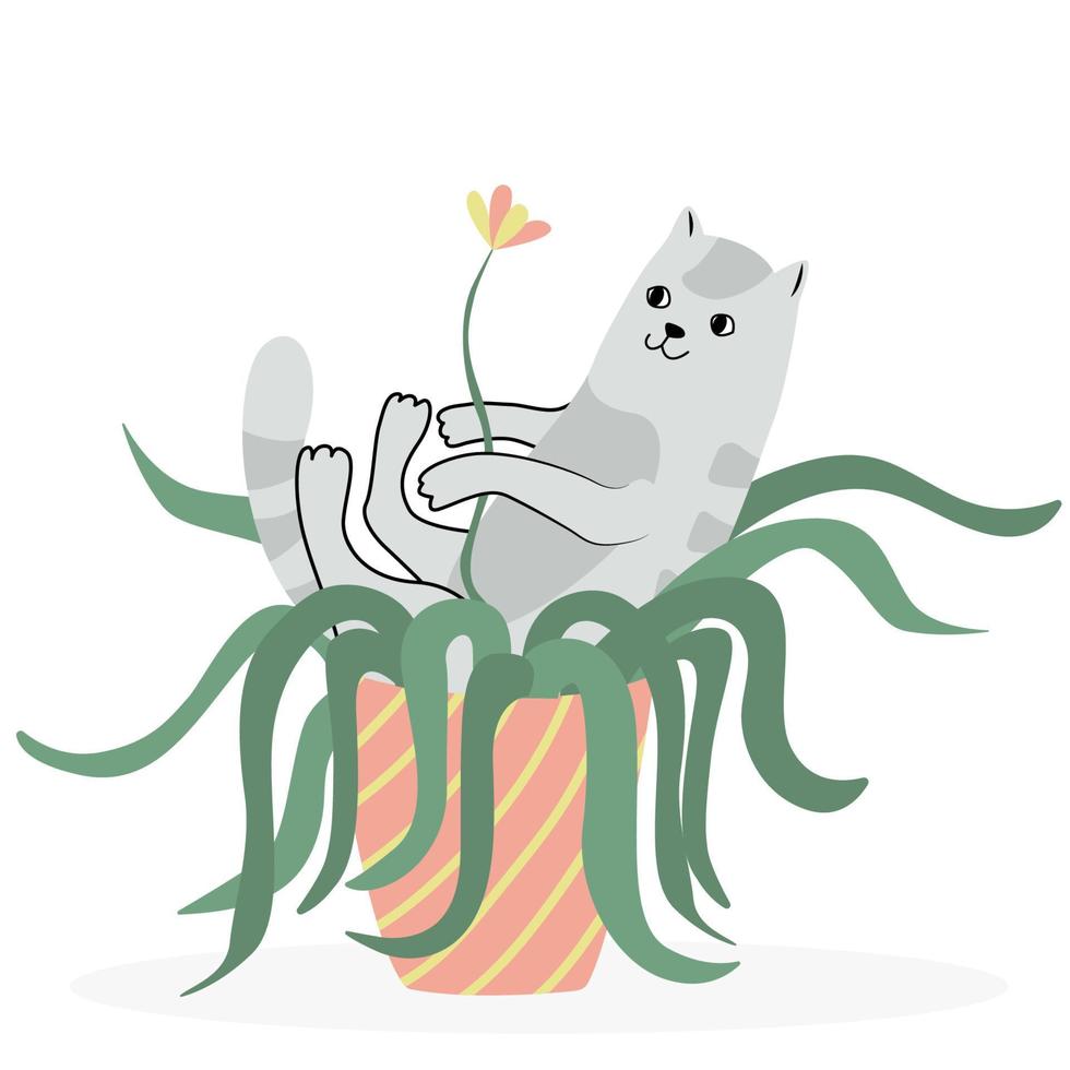 Cute cat laying in a flower pot. Hand drawn flat vector illustration and lettering. Potted plant and pet.