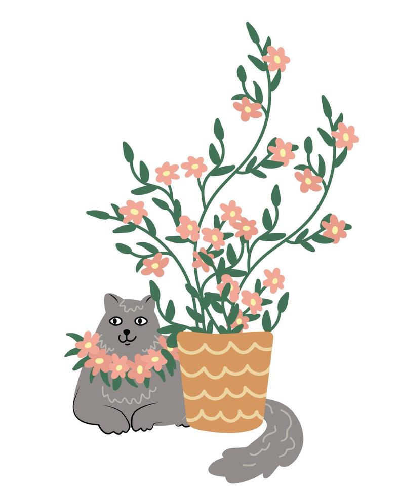 Cat with a blooming garden plant in a pot. Flat style. Vector hand drawn illustration isolated on white background. Funny pet and houseplant.