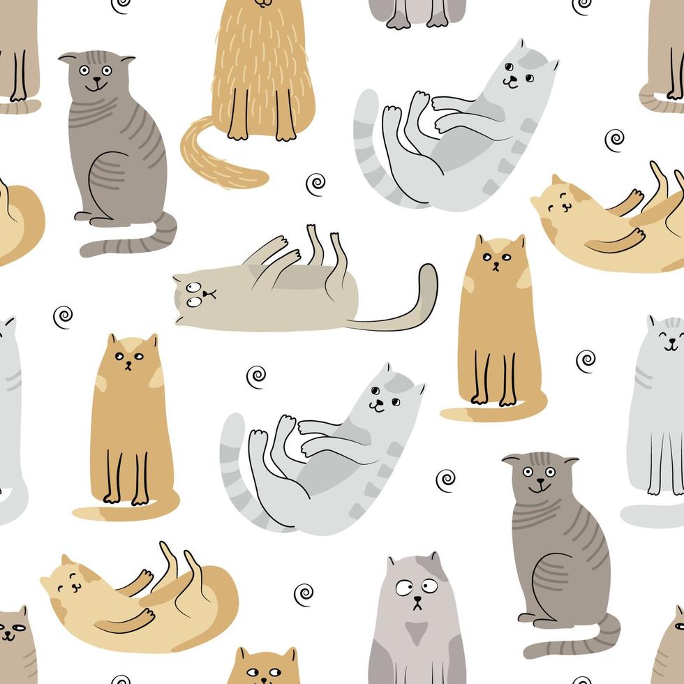 Funny cats seamless pattern on white. Hand drawn flat vector illustration. Great for fabrics, wrapping papers, wallpapers, covers.