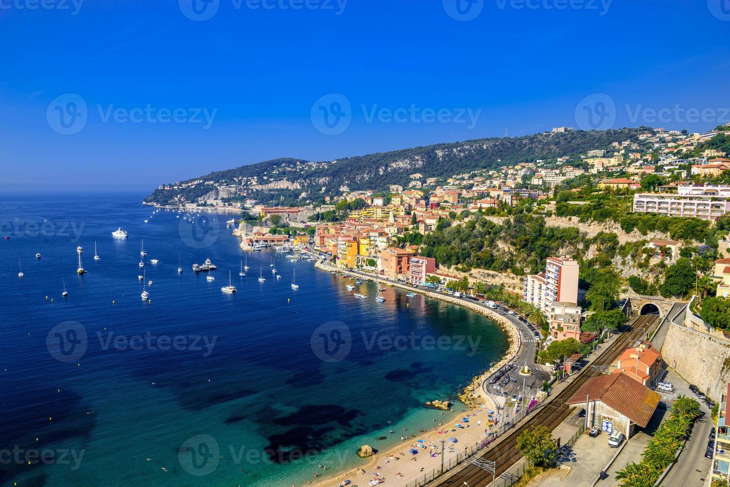 Beach with boats Beausoleil, Nice, Nizza, Alpes-Maritimes, Provence-Alpes-Cote d'Azur, Cote d'Azur, French Riviera, France photo