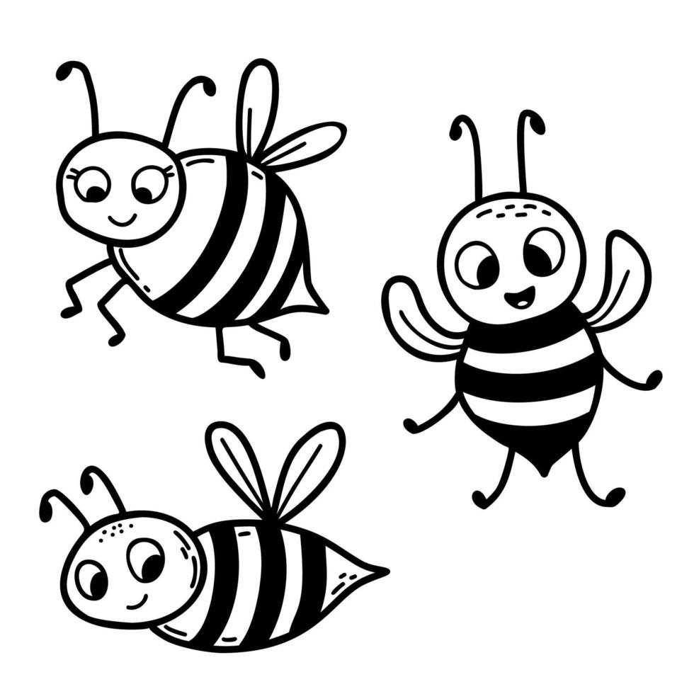 Collection of cute bees. Winged striped insect, wasp. Linear hand drawing. Vector illustration. Character for design, decor, decoration and print.