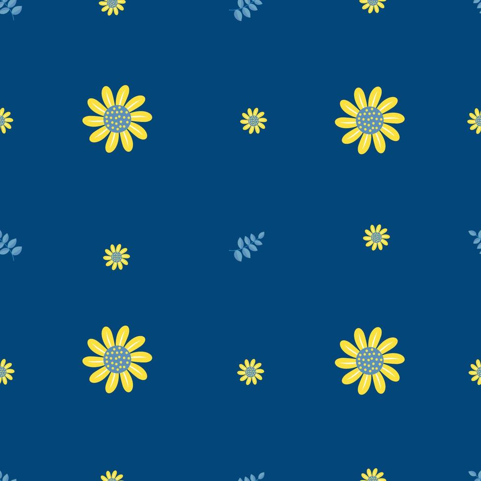 Floral seamless pattern. Decorative yellow flower on blue background with branches. Vector illustration. Botanical pattern for decor, design, packaging, wallpaper, print and textile, decoration