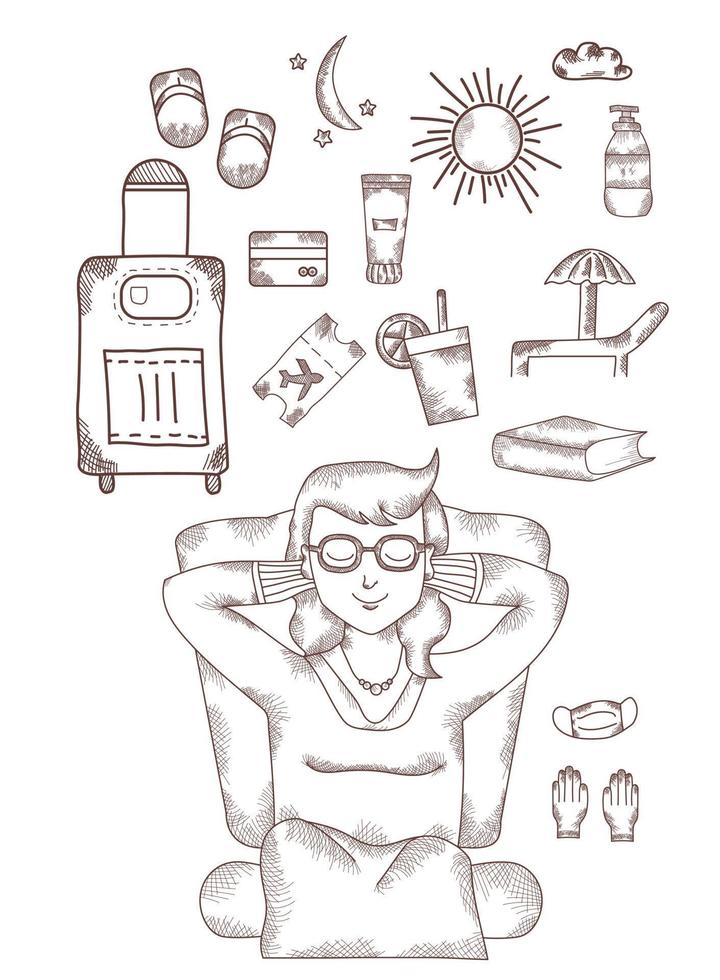 girl sits and dreams with her eyes closed. Above it are different pictures of what you need to relax - sun, suitcase on wheels, cream, tickets. Hand drawn. vector - strokes and line
