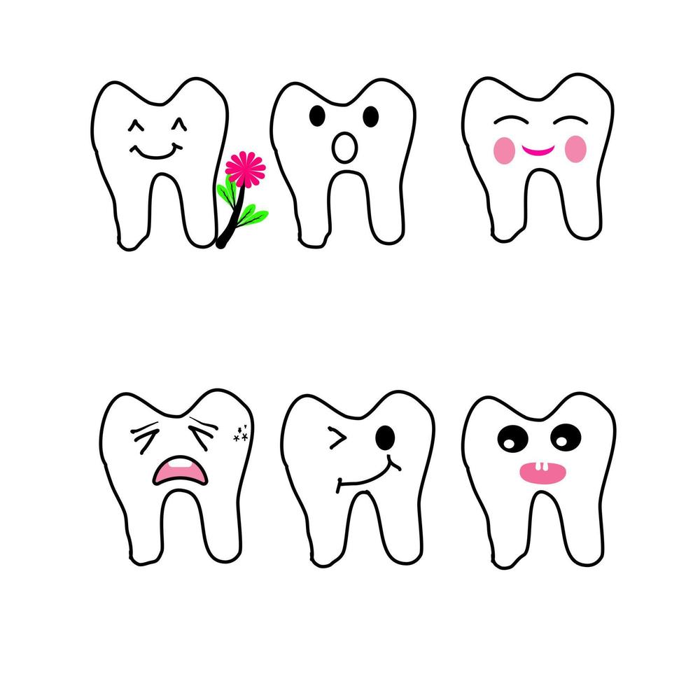 Hand drawn vector, face expression or expressed sign on tooth cartoon, healthy, pain, cute tooth symbol. vector
