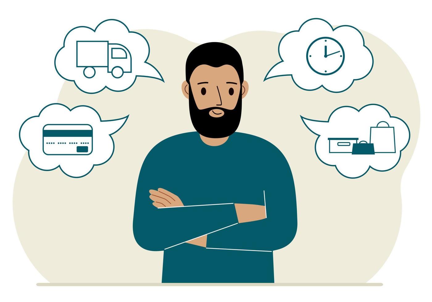 Ordering and delivery process concepts. Happy man and steps of a delivery order. Payment, delivery car, waiting hours and goods and purchases. Vector flat illustration