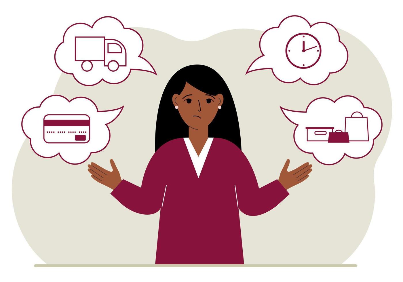 Ordering and delivery process concepts. Sad woman and steps of a delivery order. Payment, delivery car, waiting hours and goods and purchases. Vector flat illustration