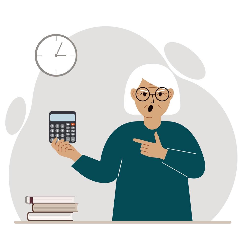 Angry screaming grandmother holds a digital calculator in his hand and points to the calculator with the other hand. Vector flat illustration