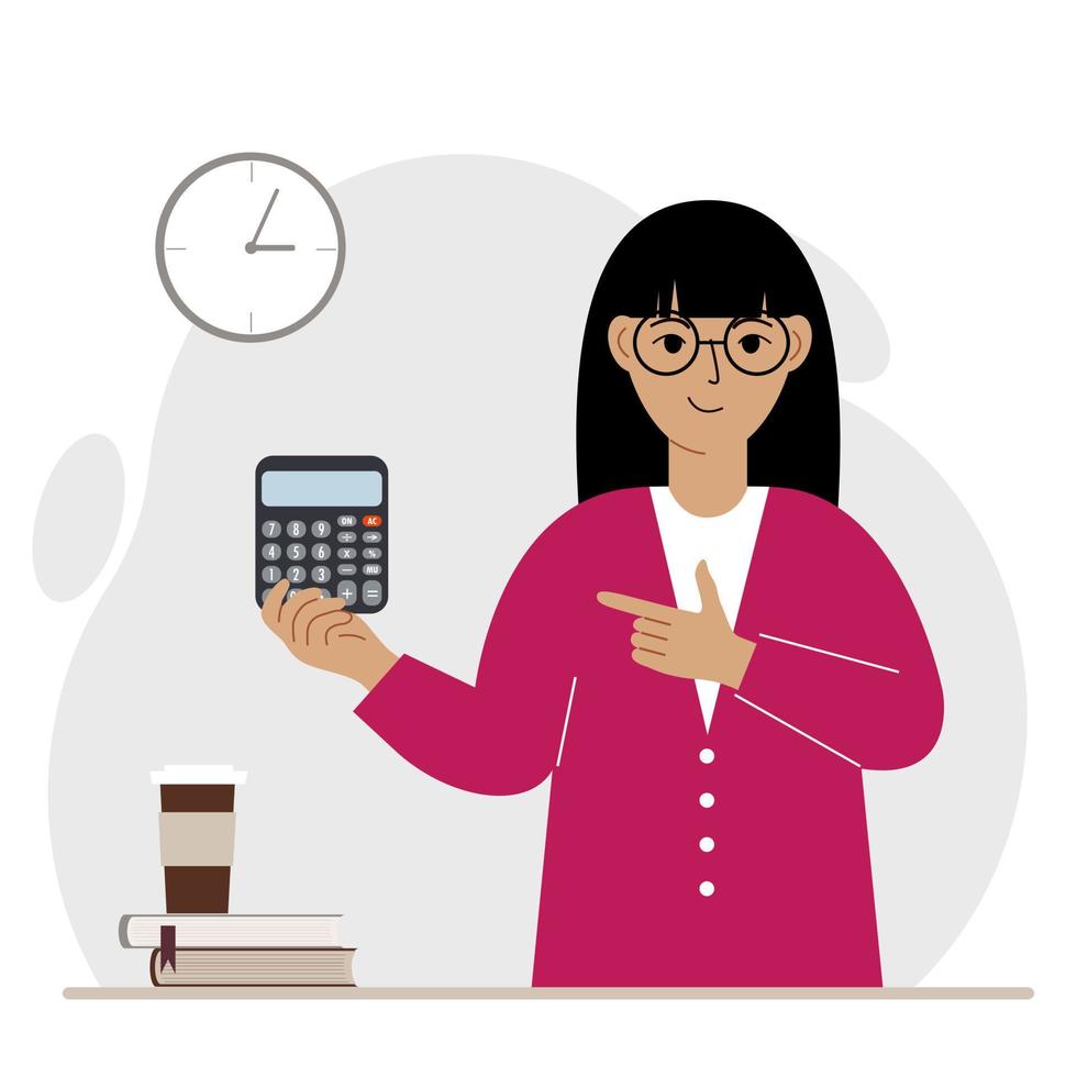 Happy woman holds a digital calculator in his hand and gestures with his other hand to the calculator. Vector flat illustration