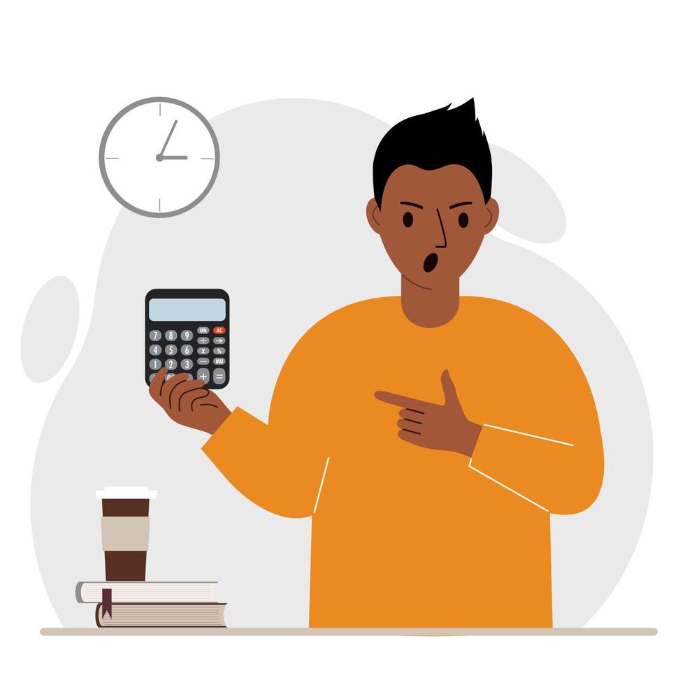Angry screaming man holds a digital calculator in his hand and points to the calculator with the other hand. Vector flat illustration