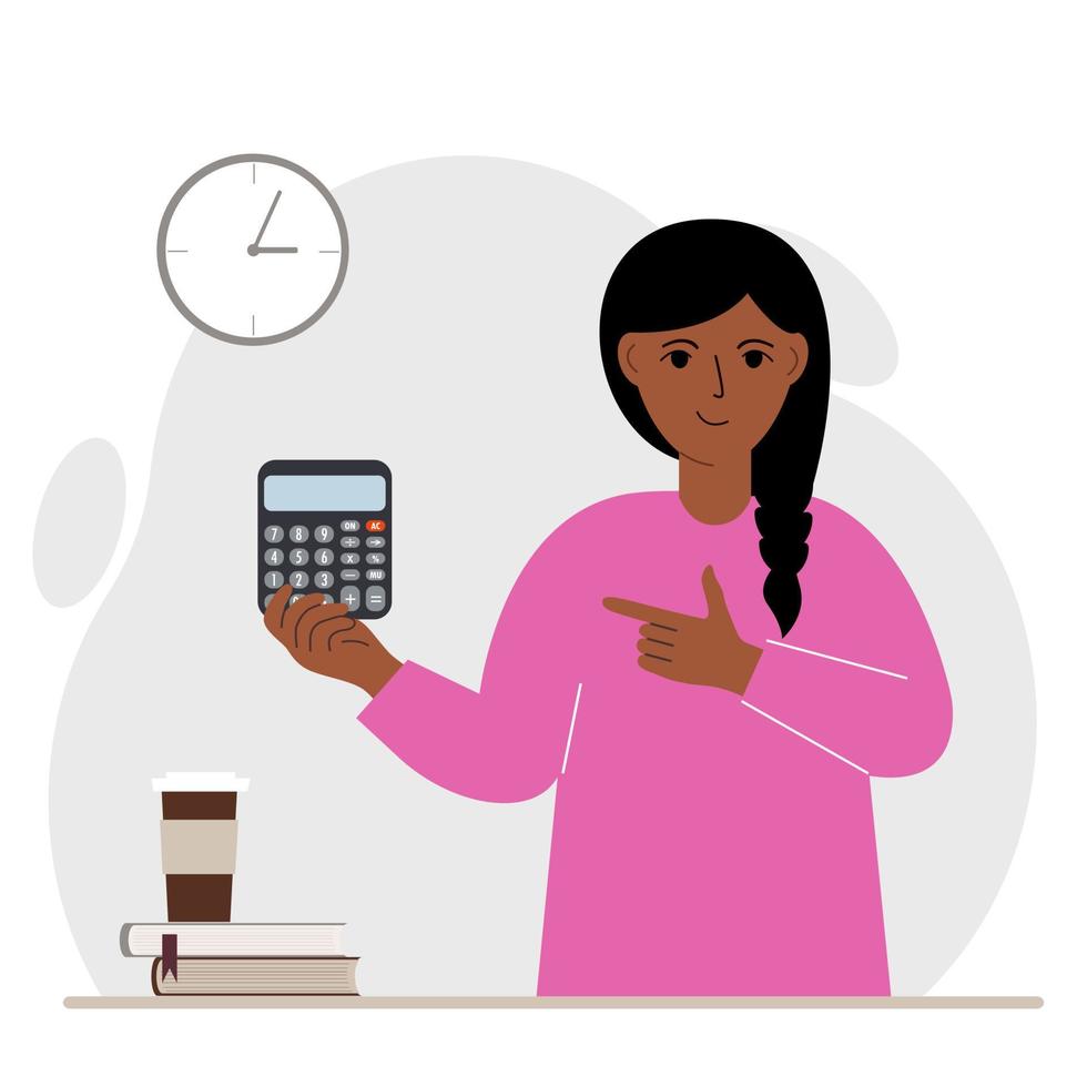 Happy woman holds a digital calculator in his hand and gestures with his other hand to the calculator. Vector flat illustration