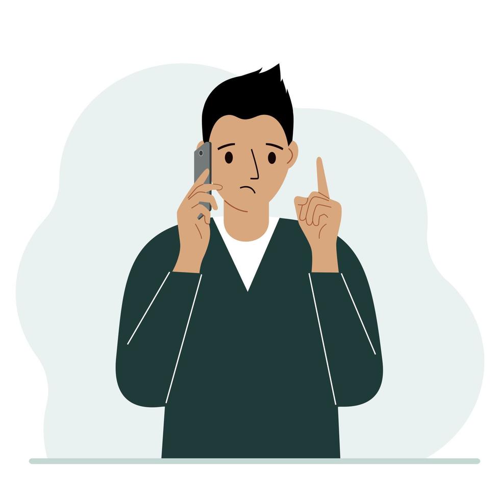 Sad man talking on a cell phone with emotions. One hand with the phone the other with a forefinger up gesture. Vector flat illustration