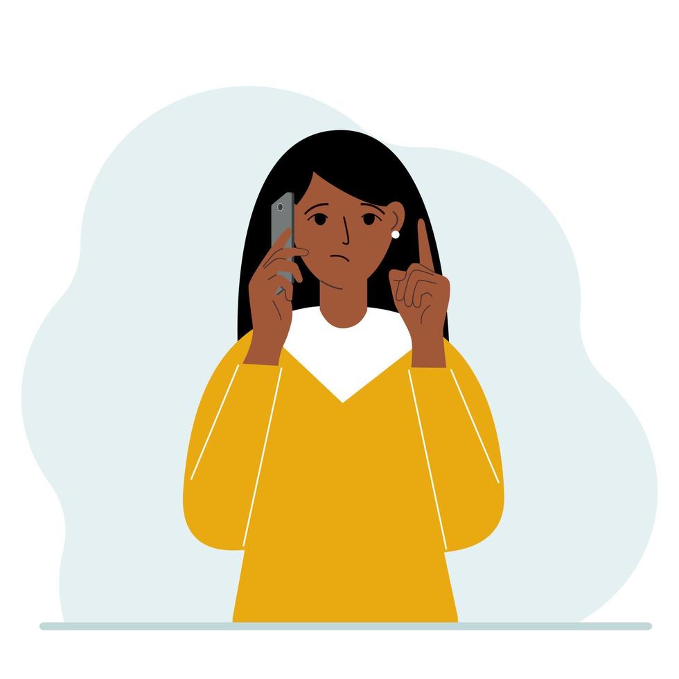 Sad woman talking on a cell phone with emotions. One hand with the phone the other with a forefinger up gesture. Vector flat illustration