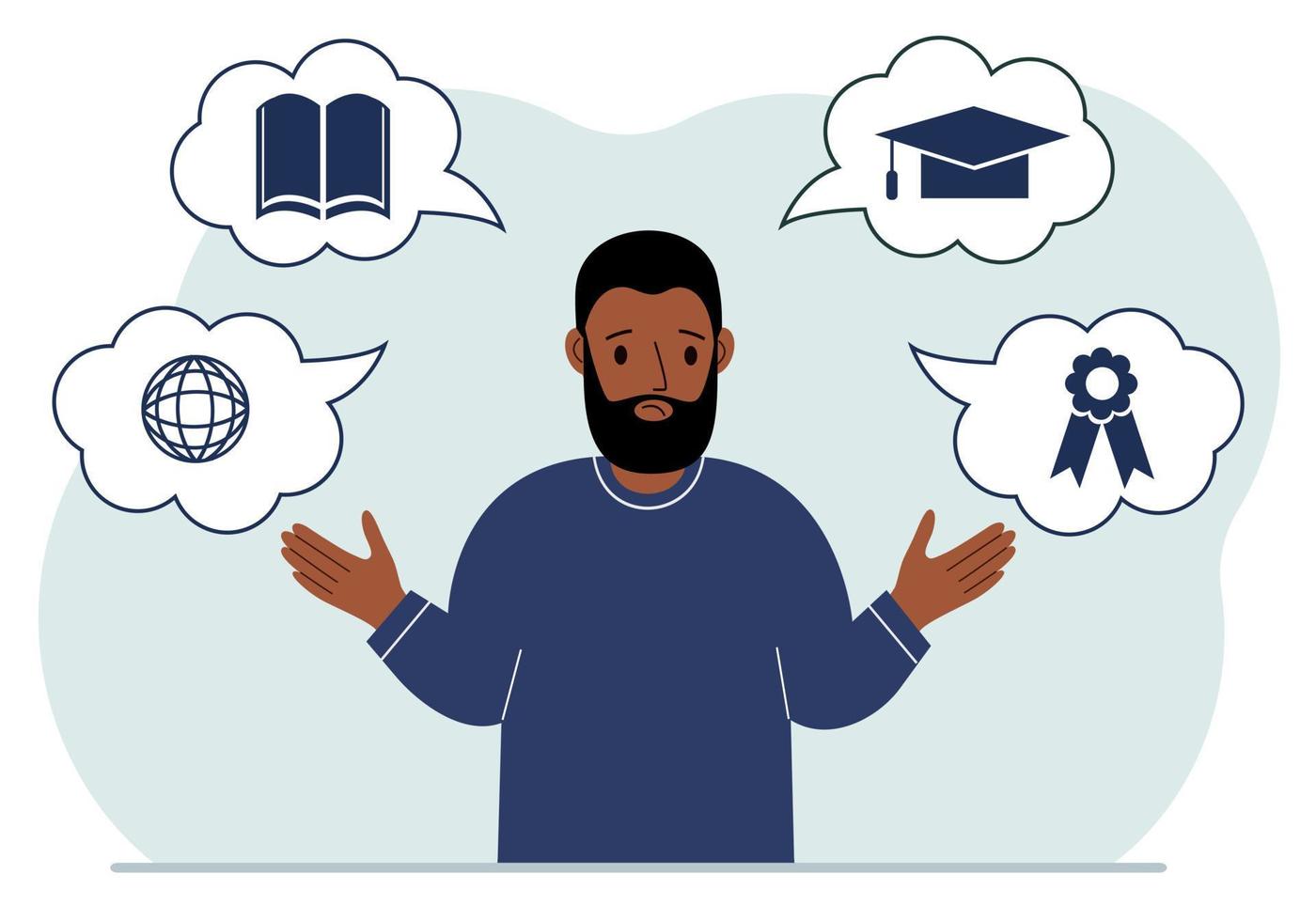 Sad man with thoughts about learning. Internet profession, higher education, stock exchange, financial literacy. Various icons about education. Vector flat illustration