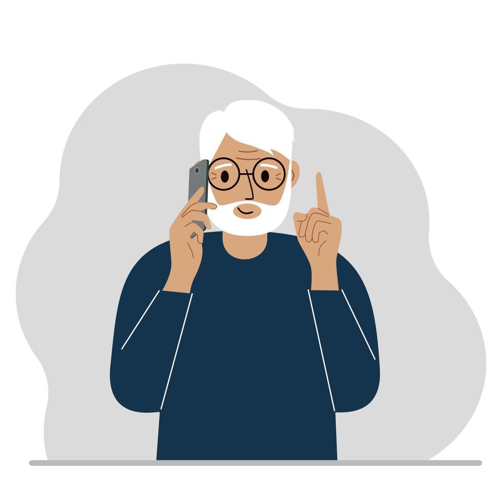 abuelo sonriente hablando por un celular con emociones. una mano con el teléfono la otra con un gesto de dedo índice hacia arriba. ilustración plana vectorial vector