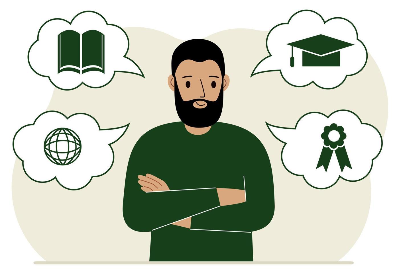 Happy man with thoughts about learning. Internet profession, higher education, stock exchange, financial literacy. Various icons about education. Vector flat illustration