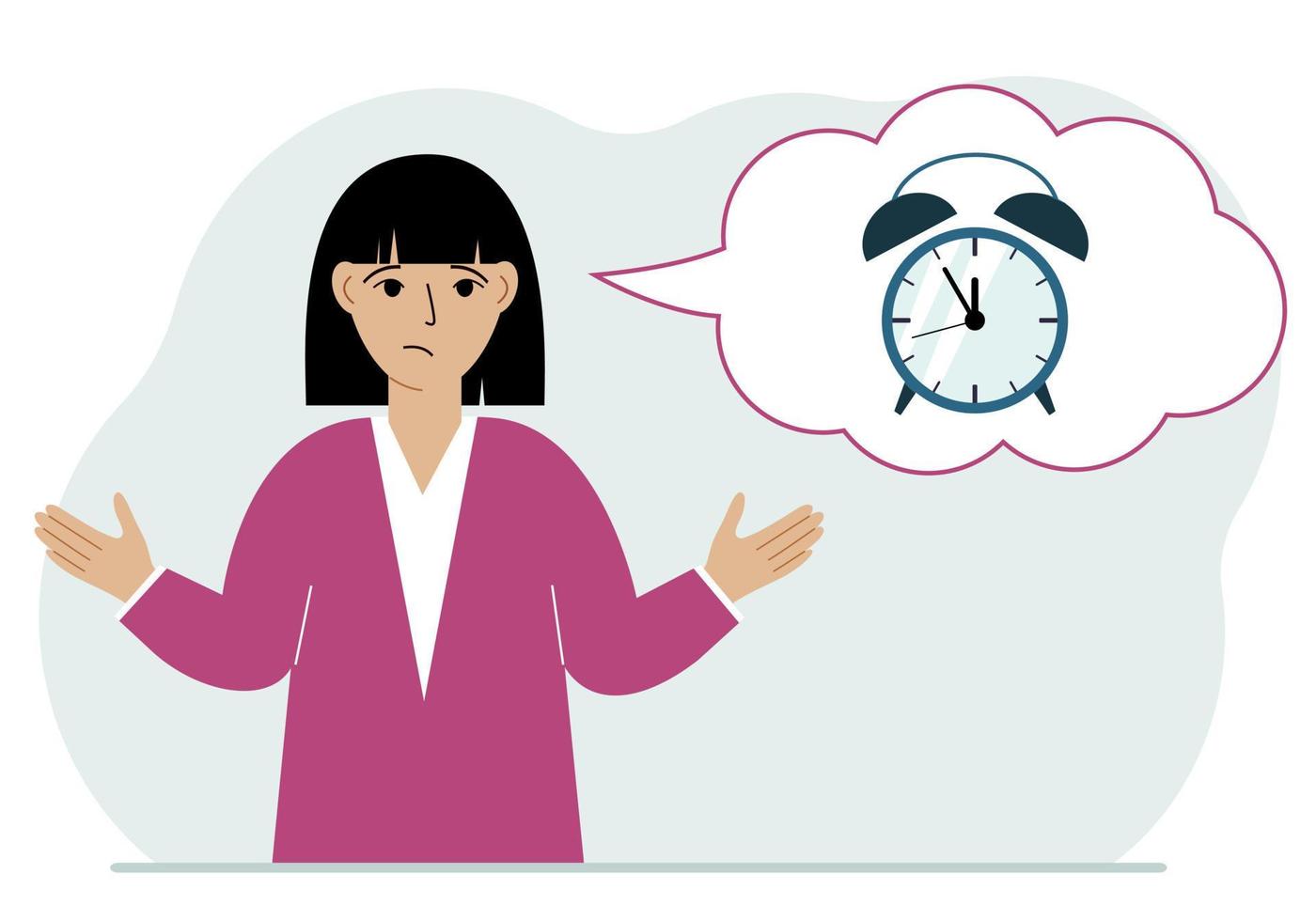 Sad woman with a balloon of air thoughts with an alarm clock. Time management, planning, organization of working time, effective business, deadline. Vector flat illustration
