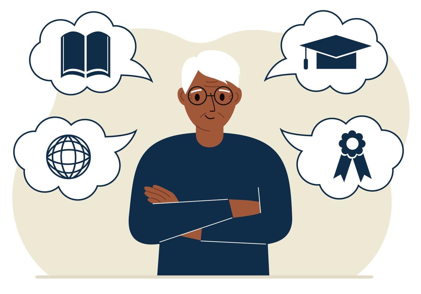 Happy granddad with thoughts about learning. Internet profession, higher education, stock exchange, financial literacy. Various icons about education. Vector flat illustration