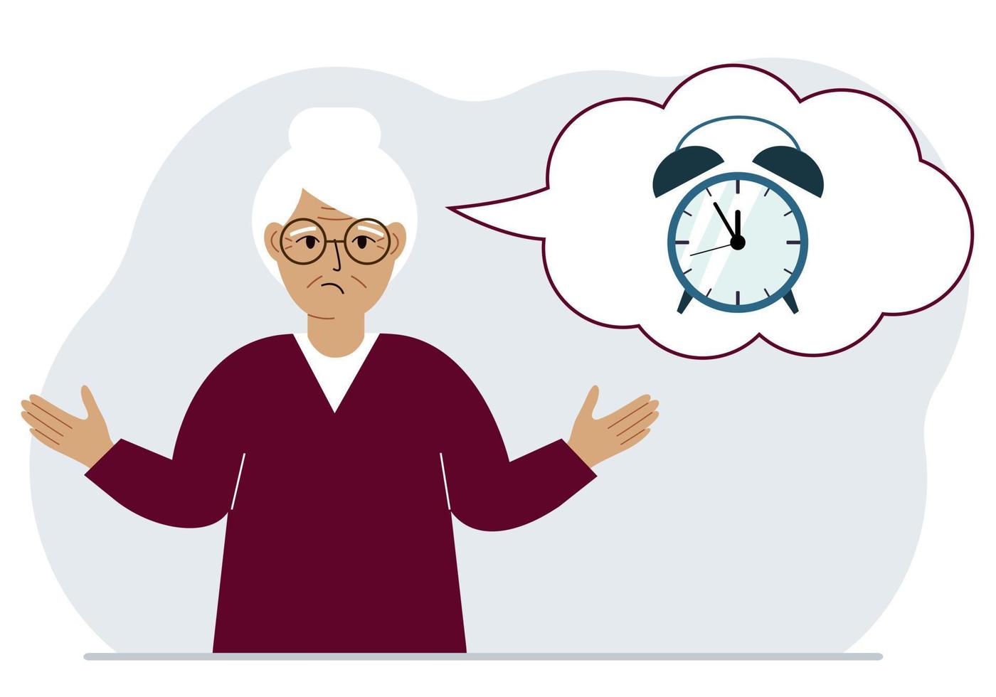 Sad grandmother with a balloon of air thoughts with an alarm clock. Time management, planning, organization of working time, effective business, deadline. Vector flat illustration