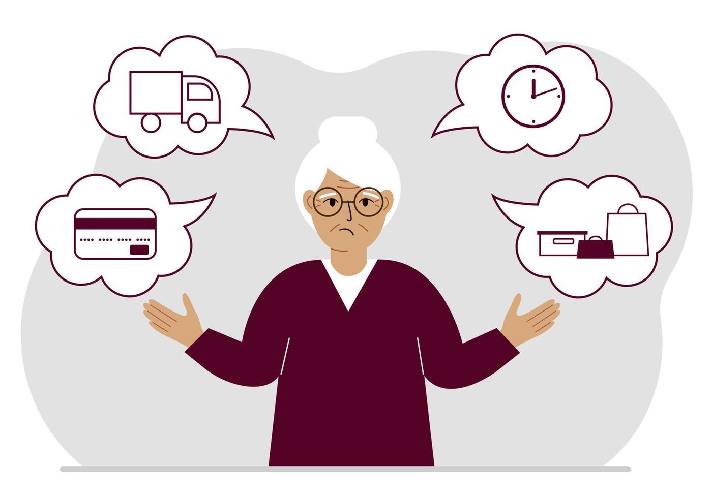 Ordering and delivery process concepts. Sad grandmother and steps of a delivery order. Payment, delivery car, waiting hours and goods and purchases. Vector flat illustration