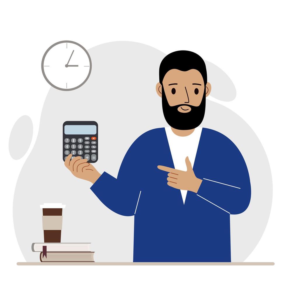 Happy man holds a digital calculator in his hand and gestures with his other hand to the calculator. Vector flat illustration