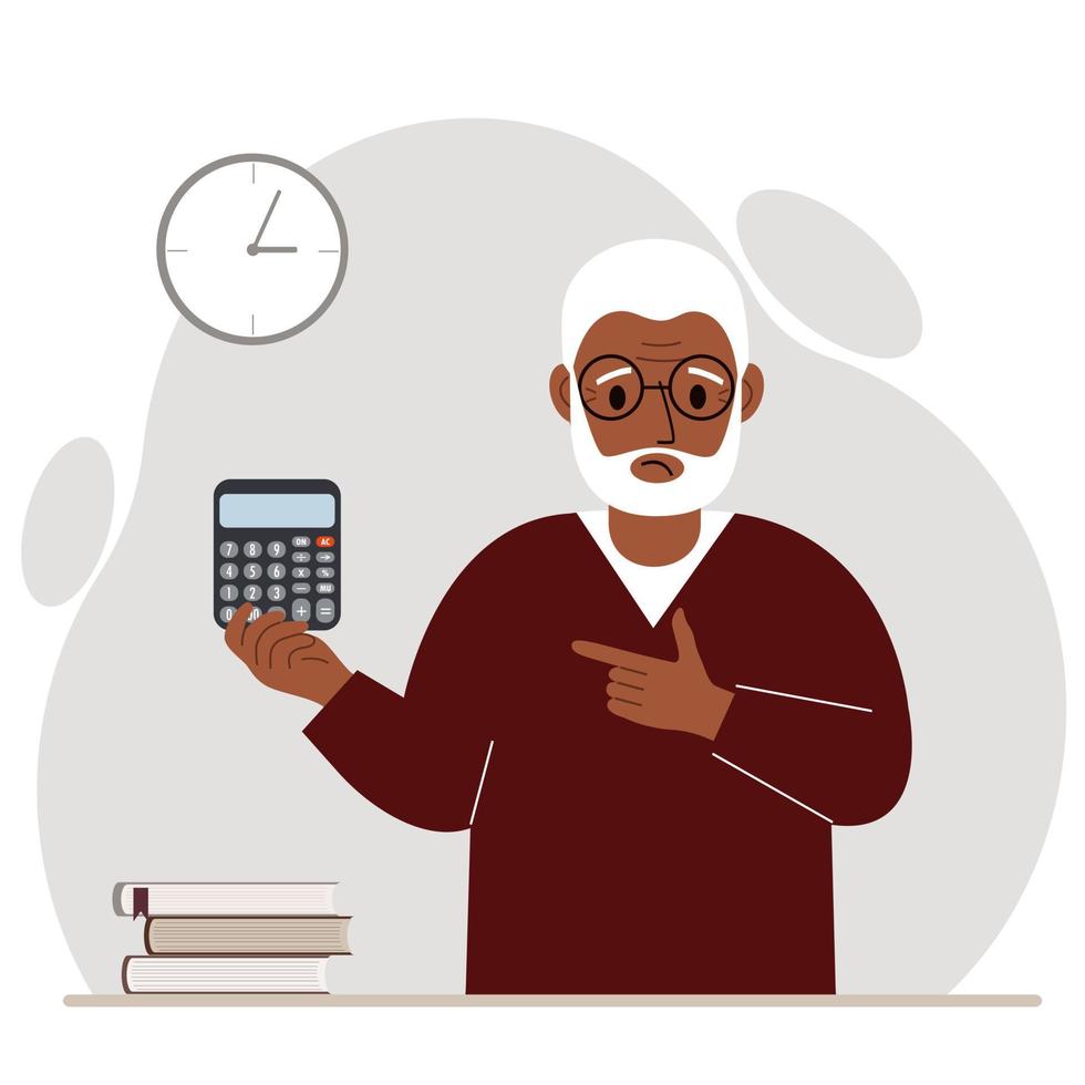 A sad grandfather holds a digital calculator in his hand and gestures, pointing with the finger of his other hand to the calculator. Vector flat illustration