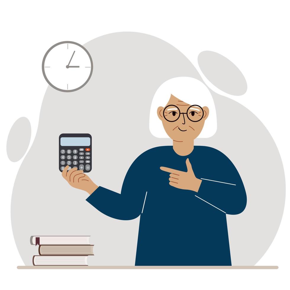 Happy grandmothe holds a digital calculator in his hand and gestures, pointing with the finger of his other hand to the calculator. Vector flat illustration