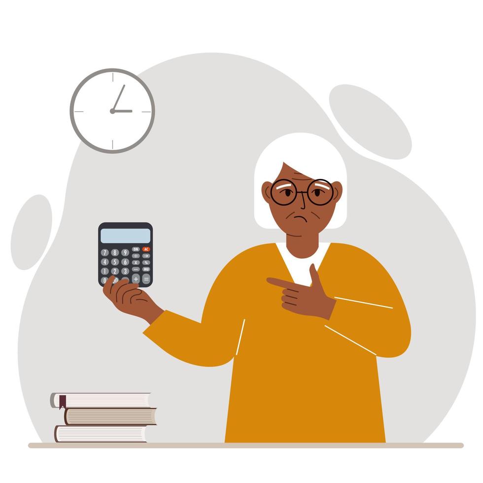 una abuela triste sostiene una calculadora digital en la mano y hace gestos, señalando con el dedo de la otra mano la calculadora. ilustración plana vectorial vector