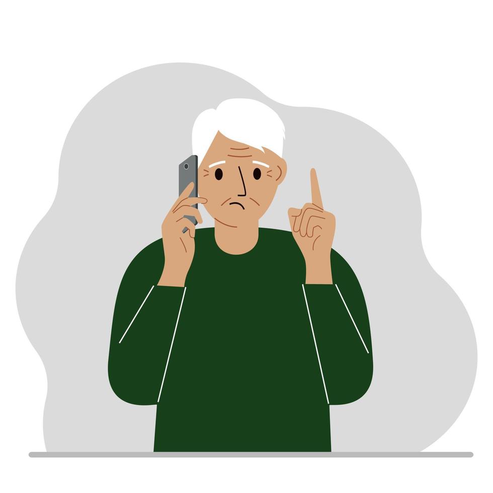 abuelo triste hablando por un teléfono celular con emociones. una mano con el teléfono la otra con un gesto de dedo índice hacia arriba. ilustración plana vectorial vector