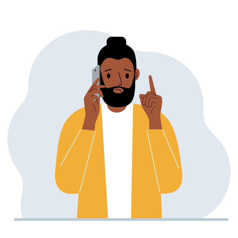 Sad man talking on a cell phone with emotions. One hand with the phone the other with a forefinger up gesture. Vector flat illustration