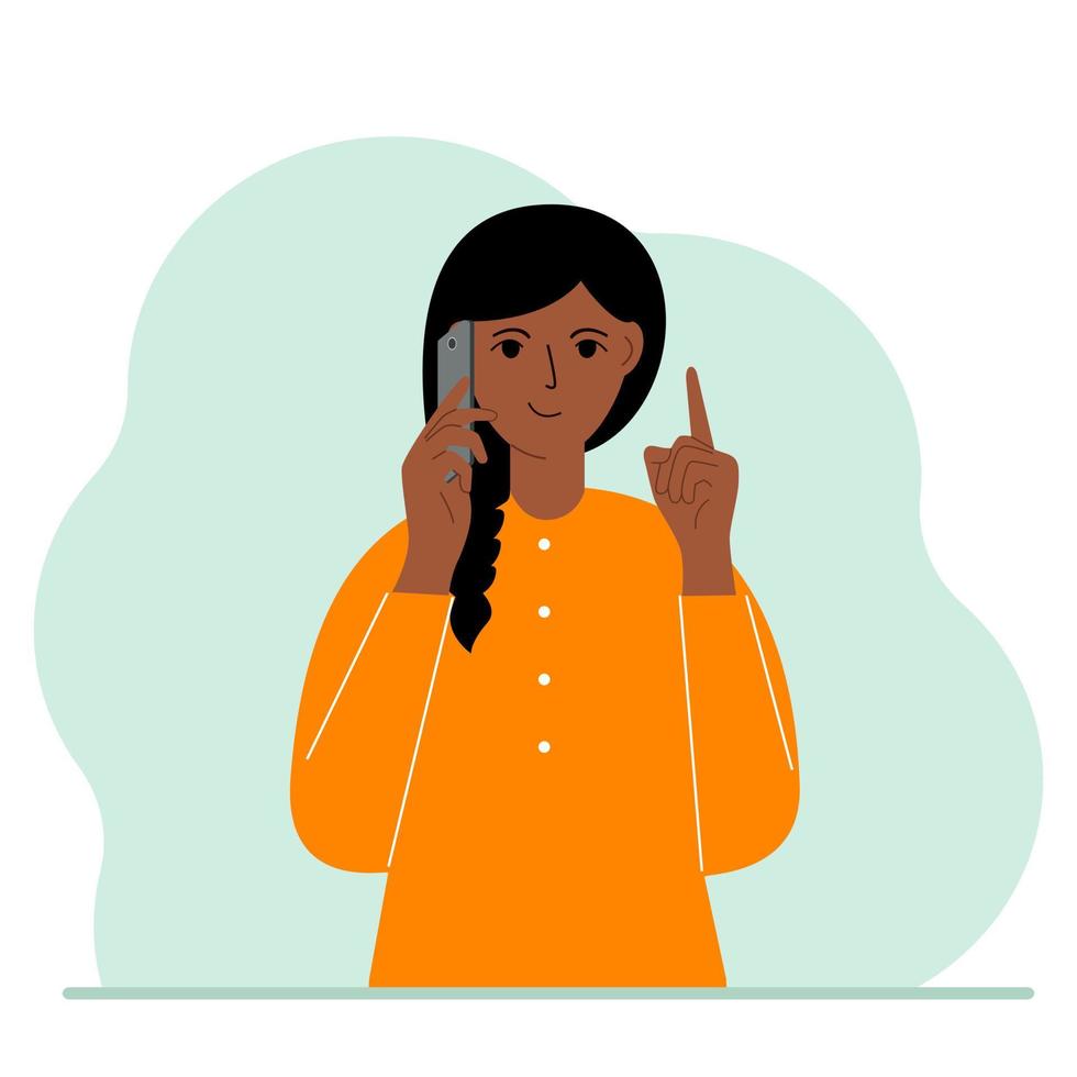 Smiling woman talking on a cell phone with emotions. One hand with the phone the other with a forefinger up gesture. Vector flat illustration